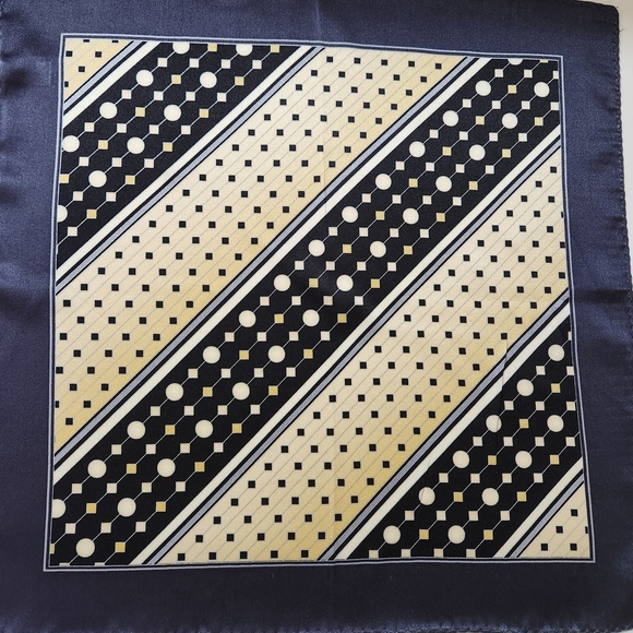 None Other - Men’s Pocket Square Geometric Pattern Black Gray Cream Gold Silk Scarf 13” x 13”